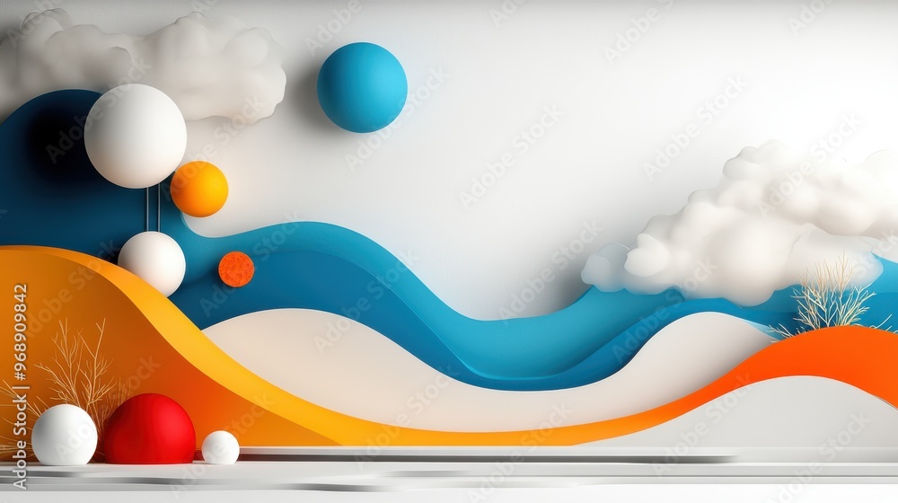 Poster abstract 3d landscape filled with spheres and wavy patterns in bold colors, depicting a surreal and 