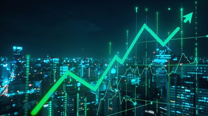 Dynamic graph overlay on a city skyline, illustrating market growth and financial progress in a modern digital economy.
