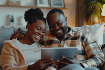 People, black couple and smile with tablet on sofa at home with browsing internet for house insurance options. Family, relationship and happy or satisfied on website for life policy and funeral cover
