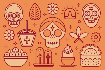 Dia de muertos outline icons set for celebration design
