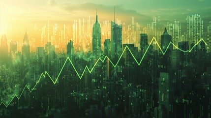 Dynamic skyline with rising graph overlay symbolizes growth and success in urban environments and financial markets.