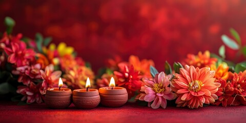 Diwali Diya Lamps with Flowers on Red Background