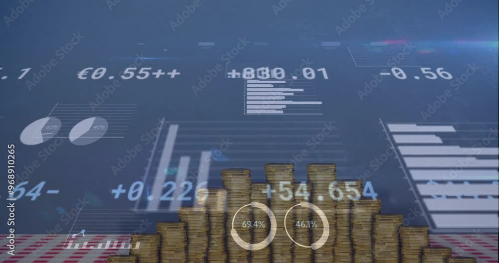 Poster animation of digital data processing over stacks of coins