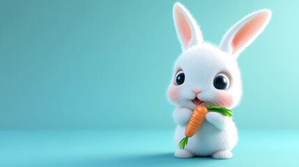 Fototapeta premium A cute white bunny with big blue eyes is holding a carrot.