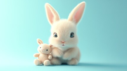 Obraz premium A cute white bunny with big blue eyes sits with its stuffed animal bunny on a light blue background.