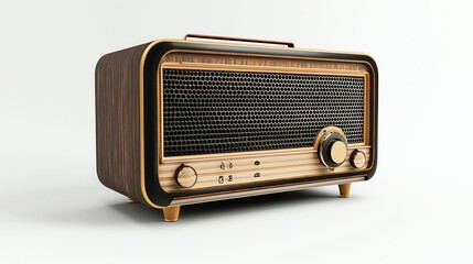A vintage wooden radio on a white background.