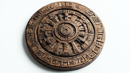 A close-up of a round, wooden carving, possibly an ancient calendar or clock.