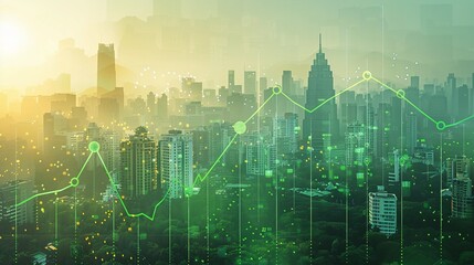 Obraz premium Modern city skyline with growth graph overlay, symbolizing urban development and economic progress in a vibrant environment.