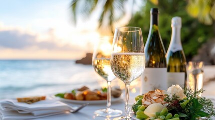 A beautifully set dinner table with glasses, bottles of wine, and plates of gourmet food, positioned on a beach with palm trees and a stunning sunset view.