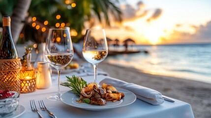 Dinner table set up on a beach with white tablecloths, gourmet food, and glasses of wine, all beautifully illuminated by the golden glow of a stunning sunset.