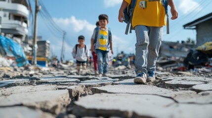 Fototapeta premium Children walk through a disaster-stricken area, navigating a cracked and damaged street, highlighting the resilience and strength of youth in the face of adversity.