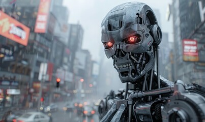 Fototapeta premium photorealistic action photo of an AI terminator looking robot in a city