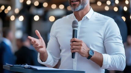 A bearded man in a white shirt holds a microphone while giving a speech at an event, with blurred spectators and twinkling lights in the background suggesting a professional setting.
