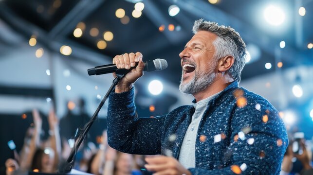 A mature man in casual attire holds a microphone while addressing an energetic crowd at an event, with bright lights and festive atmosphere indicating a celebration or concert.