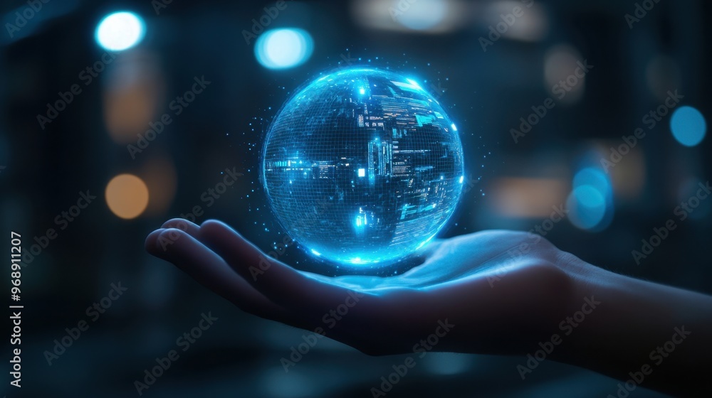 Poster futuristic ai sphere hovering above a hand, with a transparent digital interface and blue light effe