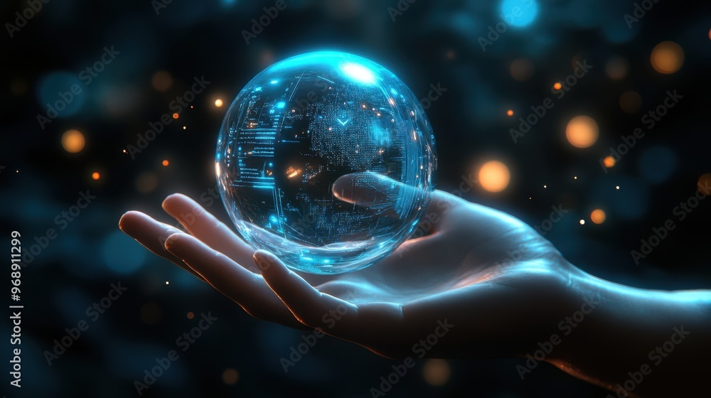 Poster futuristic ai sphere hovering above a hand, with a transparent digital interface and blue light effe