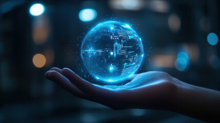 Fototapeta premium Futuristic AI sphere hovering above a hand, with a transparent digital interface and blue light effects, representing high-tech innovation.