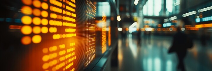 Fototapeta premium Blurry Cityscape With Glowing Stock Market Data Display, Concept Of Finance, Investment, And Trading