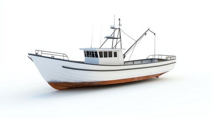 Naklejka premium A white fishing boat with a wooden bottom isolated against a white background.
