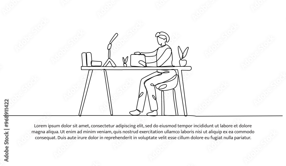 Poster continuous line design of a male blogger is reviewing a product. single line decorative element draw