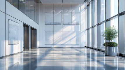 Empty posters on the wall in a well-lit corporate office, highlighted by soft lighting and a corporate setting.