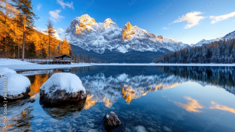 Poster a mesmerizing view of a snow-covered mountain lake reflecting the golden evening light, surrounded b