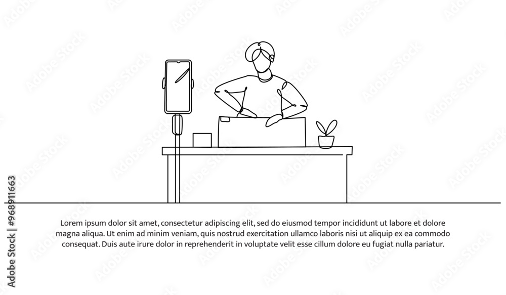 Aufkleber continuous line design of a male blogger is reviewing a product. single line decorative element draw