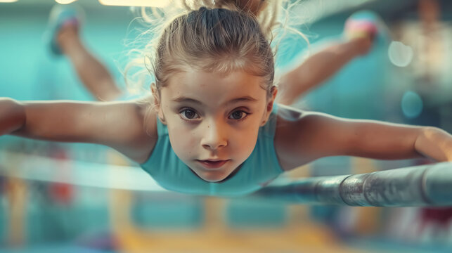 Preparing a young child athlete gymnast on a balance beam.