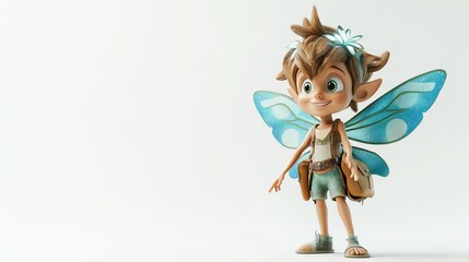A 3D rendered cartoon fairy with blue wings stands with its arms outstretched. © Galib