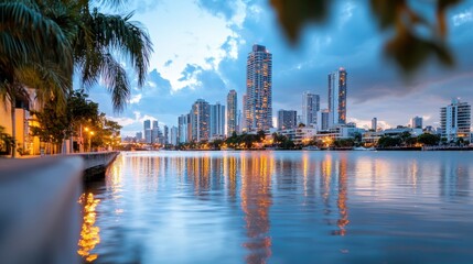 Obraz premium A picturesque view of a dense skyline along the waterfront during early evening, showcasing illuminated high-rise buildings reflecting on the calm water.