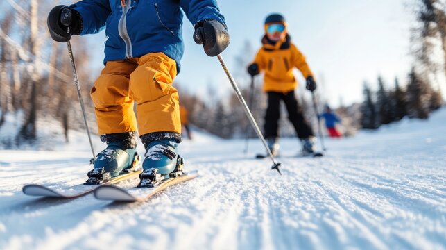 Children skiing on a scenic snow-covered track capture the joy and fun of winter sports, showcasing their colorful gear and the vibrant energy of a bright, cold day outdoors.