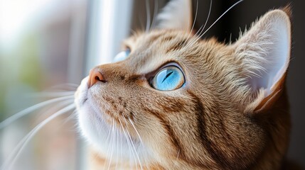 An orange cat with striking blue eyes, captured in a moment of quiet observation as it stares out a window, showcasing its detailed fur and curious demeanor.