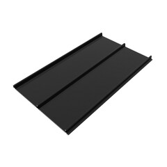 Black retro roof panel with standing seam and fasteners. Modern galvanized steel roofing sheet with ribs isolated on white background. Falz roofing. Classic style black metal panel with rebate joint