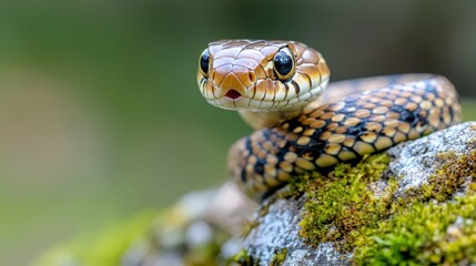 Obraz premium Close-up of a snake with patterned scales showing alertness, coiled on a moss-covered rock in a natural setting, indicating its awareness of the surroundings.