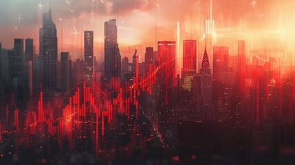 Fototapeta premium Real estate and property crisis. A dynamic city skyline illuminated by red tones, showcasing a blend of modern architecture and abstract data visualization.