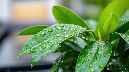 This image shows lush green leaves glistening with fresh raindrops, capturing a moment of natural beauty and tranquility, symbolic of rejuvenation and purity. قدرت کے حسن کو ظاہر کرنے والی تصویر