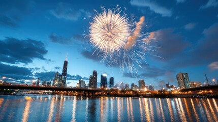 A vibrant display of fireworks illuminates the night sky above a city skyline reflected in the water, showcasing a celebration and urban festivity against a scenic backdrop.