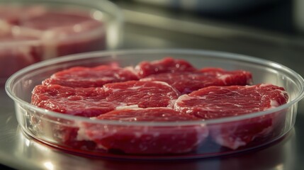 lab-grown meat in a Petri dish, illustrating the future of biotechnology in food science.