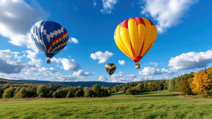 Obraz premium Three brightly colored hot air balloons ascend over a lush, green landscape against a backdrop of a clear blue sky, symbolizing freedom and adventure in a serene, nature-filled setting.