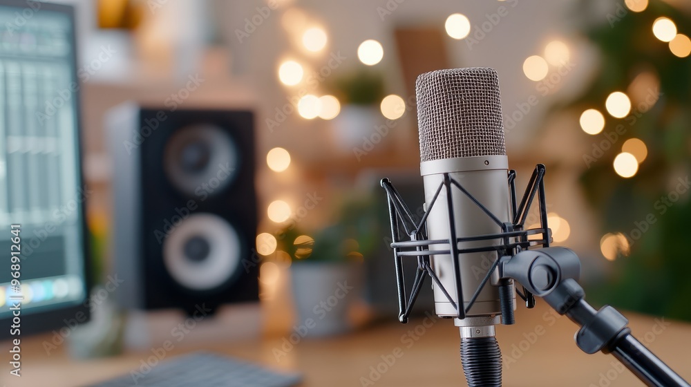 Poster studio setup with a professional microphone, computer, and blurred background lights, emphasizing a 