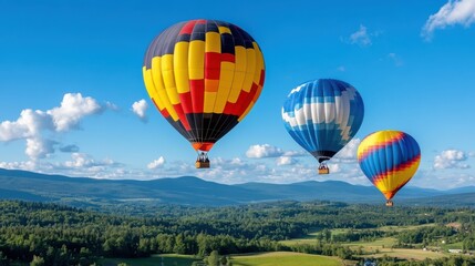 Fototapeta premium Three multicolored hot air balloons float gracefully over a picturesque landscape, capturing a feeling of wonder, tranquility, and adventure against a backdrop of blue skies and green hills.