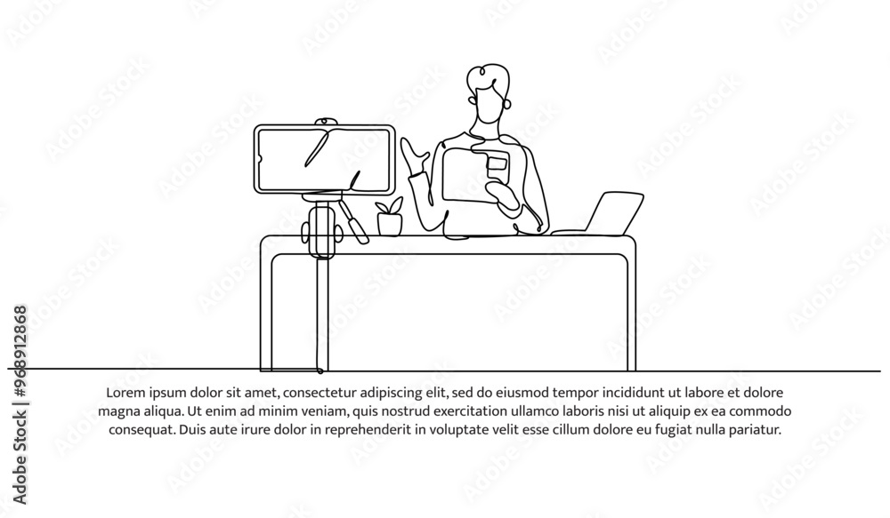 Poster continuous line design of a man is review a laptop electronics. single line decorative element drawn