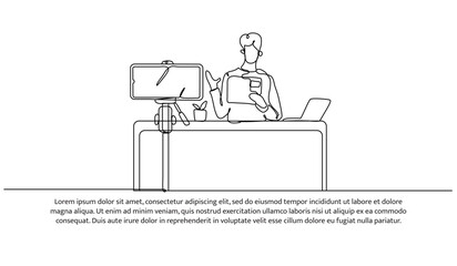 Continuous line design of a man is review a laptop electronics. Single line decorative element drawn on white background.