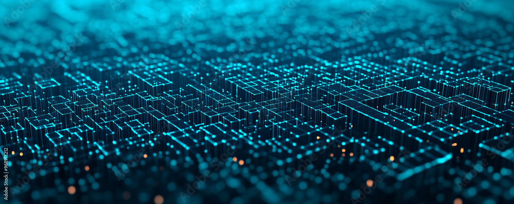 Poster a detailed view of a digital landscape, showcasing interconnected lines and glowing nodes in a vibra