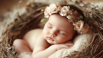 A newborn baby girl sleeps peacefully in a woven basket with a flower crown on her head.