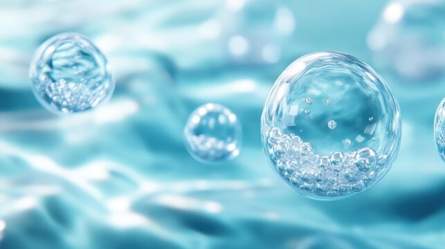 liquid bubbles on a water background, symbolizing advanced skincare technology in a close-up shot.