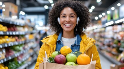 Fototapeta premium A cheerful woman with headphones and a yellow jacket, shopping for fresh and colorful fruits and vegetables in a well-lit grocery store, enjoying the simplicity of the moment.
