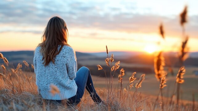 A woman in a white sweater sits on a grassy hilltop, looking at the sunset over the horizon in a tranquil rural setting, expressing contemplation and peace.