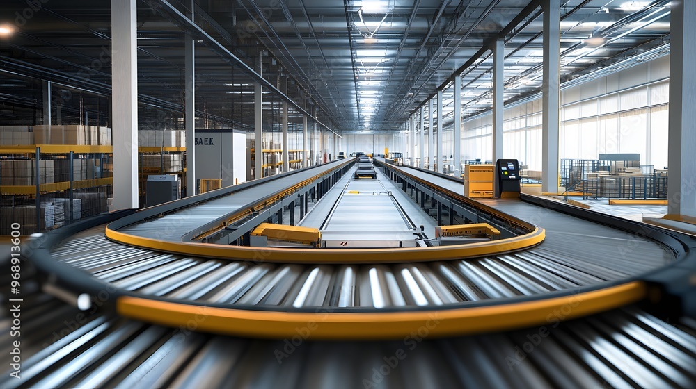 Poster 7. a high-tech automated sorting facility with conveyor belts and robotics
