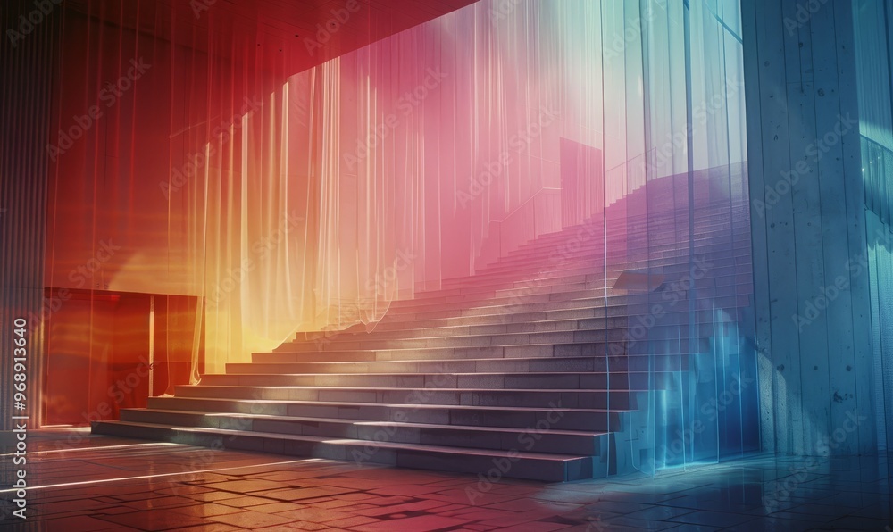 Aufkleber a streamlined design line, there is a staircase descending from the side of the stage next to a glas
